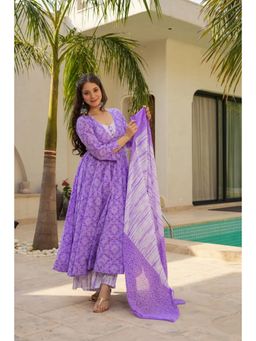 Wedani - Women Printed Cotton Purple Angarkha Kurta with Palazzo and Dupatta
