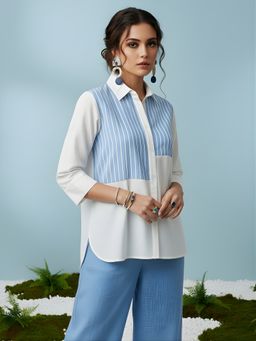 Dora Dori - White Cotton Striped Patched Shirt