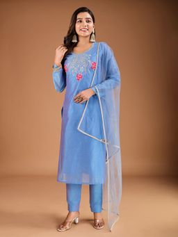 INDDUS - Women Embroidered Chanderi Silk Kurta with Pant and Dupatta