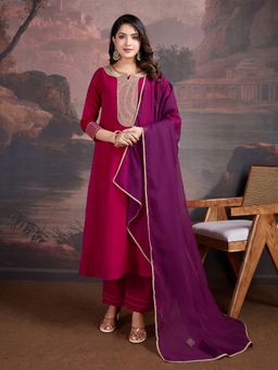 INDDUS - Women Embroidered Silk Blend Kurta with Palazzo and Dupatta