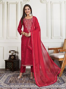 INDDUS - Women Embroidered Silk Blend Kurta with Pant and Dupatta