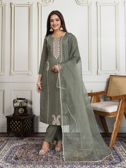 INDDUS - Women Embroidered Silk Blend Kurta with Pant and Dupatta