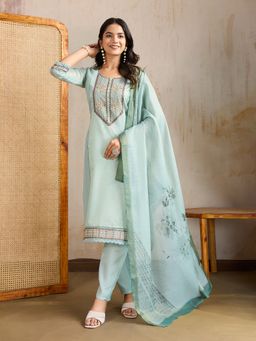 INDDUS - Women Embroidered Silk Blend Kurta with Pant and Dupatta