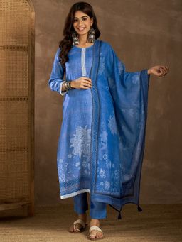 INDDUS - Women Floral Cotton Linen Kurta with Pant and Dupatta
