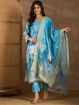 INDDUS - Womens Floral Cotton Linen Kurta with Pant and Dupatta