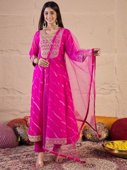 INDDUS - Women Embroidered Georgette Kurta with Pant and Dupatta