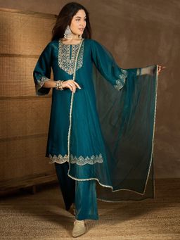 INDDUS - Women Embroidered Silk Blend Kurta with Palazzo and Dupatta