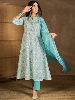 INDDUS - Women Printed Cotton Kurta with Pant and Dupatta