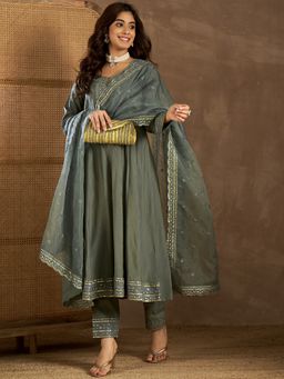 INDDUS - Women Embroidered Silk Blend Anarkali Kurta with Pant and Dupatta