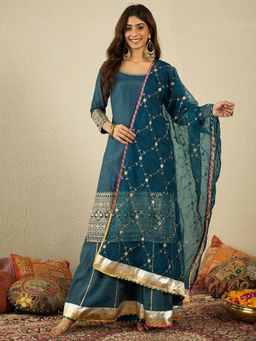 INDDUS - Women Embroidered Silk Blend Kurta with Sharara and Dupatta