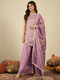 INDDUS - Women Embroidered Silk Blend Kurta with Sharara and Dupatta