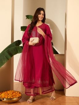 INDDUS - Women Embroidered Silk Blend Kurta with Palazzo and Dupatta
