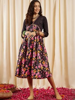 INDDUS - Women Floral Printed Pleated Ethnic Black Dress