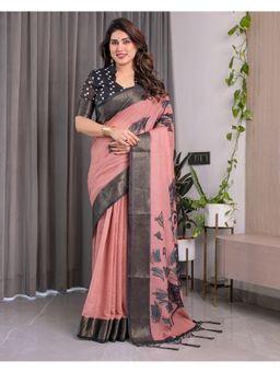 ALMAARI FASHION - Women Coral Linen Handloom Saree with Unstitched Blouse