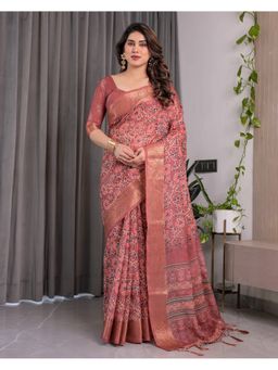 ALMAARI FASHION - Women Brown Linen Handloom Saree with Unstitched Blouse