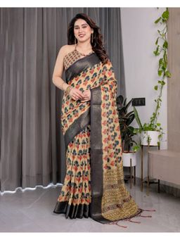 ALMAARI FASHION - Women Multi-Color Linen Handloom Saree with Unstitched Blouse