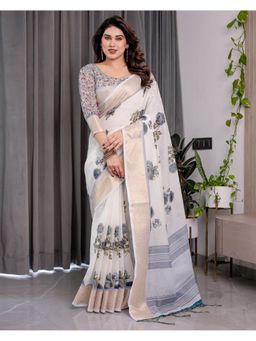 ALMAARI FASHION - Women Off White Linen Handloom Saree with Unstitched Blouse