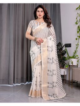 ALMAARI FASHION - Women Off White Linen Handloom Saree with Unstitched Blouse