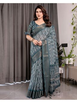 ALMAARI FASHION - Women Teal Linen Handloom Saree with Unstitched Blouse