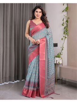 ALMAARI FASHION - Women Blue Linen Handloom Saree with Unstitched Blouse