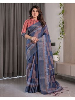 ALMAARI FASHION - Women Indigo Linen Handloom Saree with Unstitched Blouse