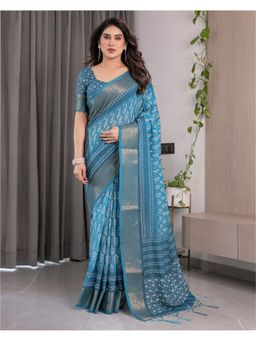 ALMAARI FASHION - Women Teal Linen Handloom Saree with Unstitched Blouse