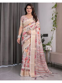 ALMAARI FASHION - Women Multi-Color Linen Handloom Saree with Unstitched Blouse
