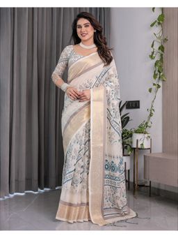 ALMAARI FASHION - Women Off White Linen Handloom Saree with Unstitched Blouse