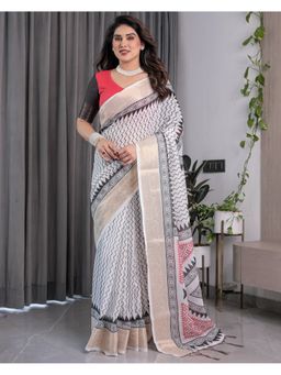 ALMAARI FASHION - Women White Linen Handloom Saree with Unstitched Blouse