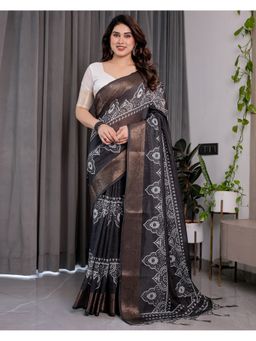 ALMAARI FASHION - Women Black Linen Handloom Saree with Unstitched Blouse