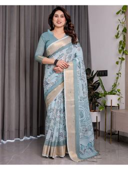ALMAARI FASHION - Women Blue Linen Handloom Saree with Unstitched Blouse
