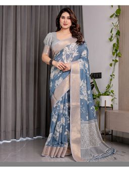 ALMAARI FASHION - Women Indigo Linen Handloom Saree with Unstitched Blouse