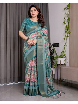 ALMAARI FASHION - Women Teal Linen Handloom Saree with Unstitched Blouse