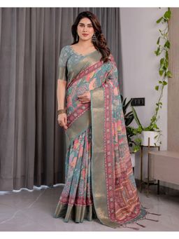 ALMAARI FASHION - Women Teal Linen Handloom Saree with Unstitched Blouse