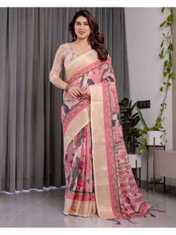 ALMAARI FASHION - Women Pink Linen Handloom Saree with Unstitched Blouse