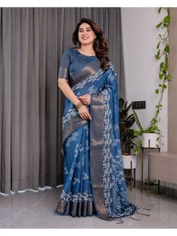 ALMAARI FASHION - Women Indigo Linen Handloom Saree with Unstitched Blouse