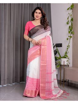 ALMAARI FASHION - Women Off White Linen Handloom Saree with Unstitched Blouse