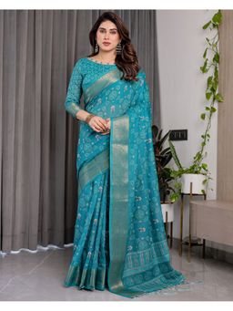 ALMAARI FASHION - Women Blue Linen Handloom Saree with Unstitched Blouse
