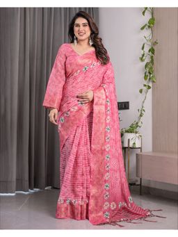 ALMAARI FASHION - Women Pink Linen Handloom Saree with Unstitched Blouse
