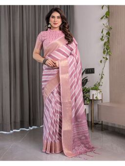 ALMAARI FASHION - Women Mauve Linen Handloom Saree with Unstitched Blouse