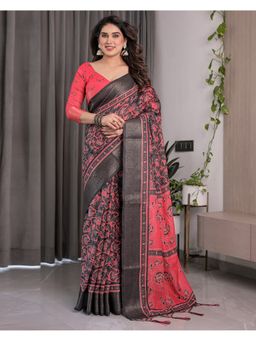 ALMAARI FASHION - Women Black Linen Handloom Saree with Unstitched Blouse
