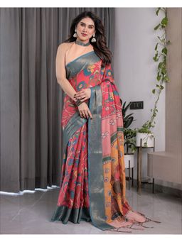 ALMAARI FASHION - Women Multi-Color Linen Handloom Saree with Unstitched Blouse