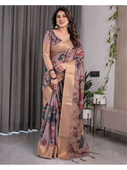 ALMAARI FASHION - Women Mauve Linen Handloom Saree with Unstitched Blouse