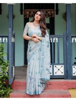 ALMAARI FASHION - Soft Handloom Linen Floral Blue Saree with Unstitched Blouse