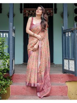 ALMAARI FASHION - Designer Floral Print Handloom Linen Multi-Color Saree with Unstitched Blouse
