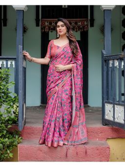 ALMAARI FASHION - Linen Handloom Pink Floral Saree with Unstitched Blouse