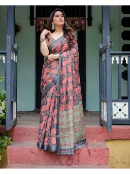 ALMAARI FASHION - Pastel Handloom Linen Multi-Color Printed Saree with Unstitched Blouse