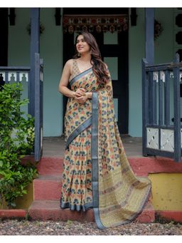 ALMAARI FASHION - Ethnic Handloom Linen Green Floral Saree with Unstitched Blouse