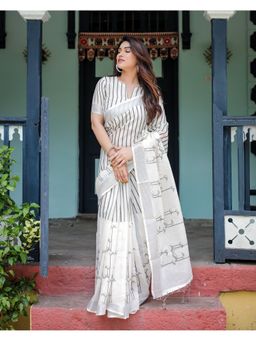 ALMAARI FASHION - Premium Handloom Linen White Stripes Saree with Unstitched Blouse