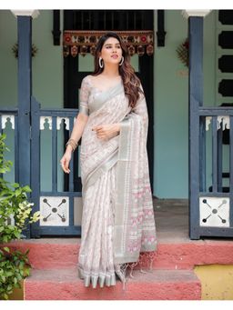ALMAARI FASHION - Printed Handloom Linen Grey Saree with Unstitched Blouse
